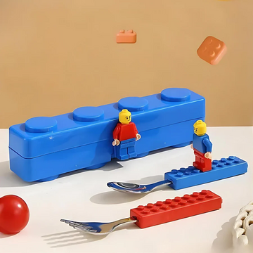 LegoBlock-Themed Spoon & Fork Set with Storage Case – Fun Mealtime for Kids