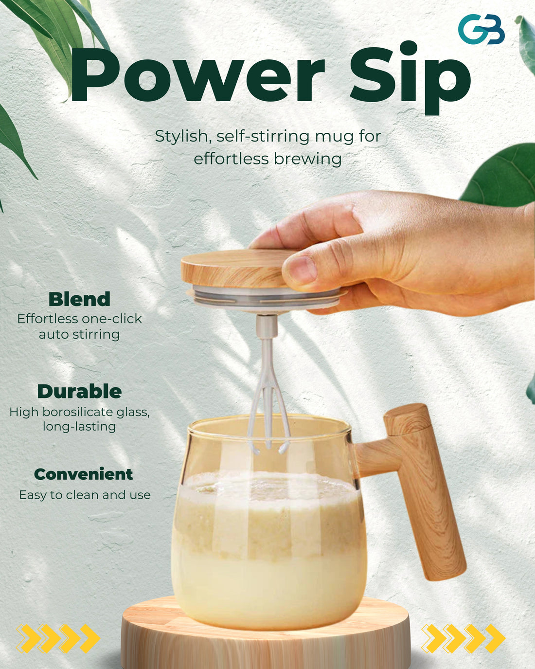 Power Sip – Self-Stirring Glass Mug with Wooden Lid