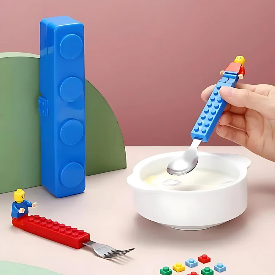LegoBlock-Themed Spoon & Fork Set with Storage Case – Fun Mealtime for Kids